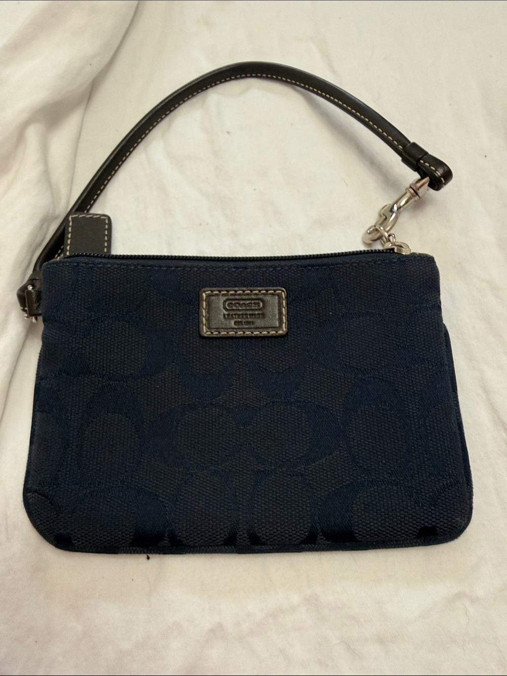 Coach Navy Signature Wristlet with Dark Leather Strap